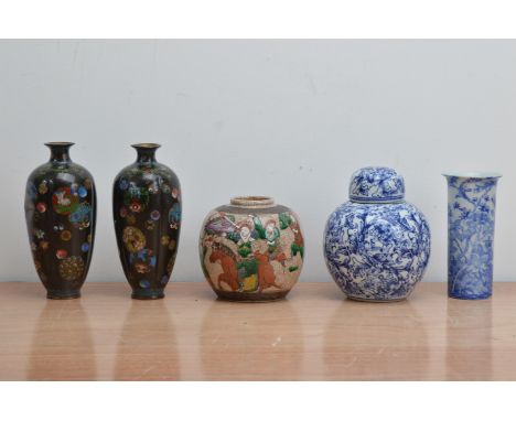 A collection of early 20th century and later Chinese and Japanese works of art, comprising a pair of cloisonne vases, both wi