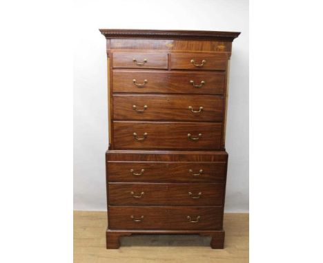 19th century mahogany chest on chest with moulded dentil cornice above two short and six long drawers, flanked by satinwood a