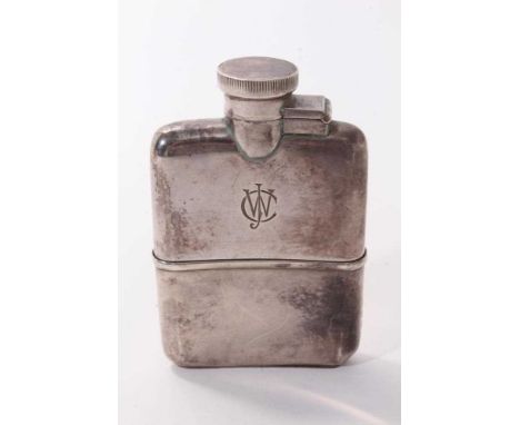 1920s silver spirit flask of small proportions, with engraved monogram, bayonet fastening cap and detachable silver drinking 