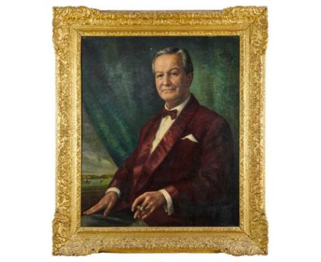 *Hilda Kidman (1891-1980) oil on canvas half length portrait of a gentleman, racecourse beyond, in an 18th century gilt frame