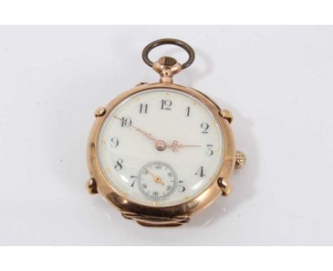 Early 20th century Swiss 9ct gold fob watch with circular white enamel dial in 9ct gold case with unusual removable Portesur 