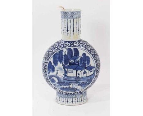 19th century Chinese blue and white porcelain moon flask, decorated with landscape scenes on a patterned ground, 37cm highCon