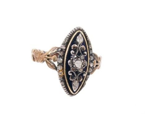 Georgian/antique diamond and blue enamel ring, the marquise shape bezel with applied rose cut diamond floral cluster on a cob
