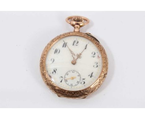 Early 20th century Swiss 14ct rose gold fob watch with white enamel dial in rose gold case, 31 mm diameterCondition report: T