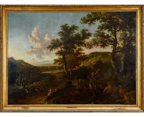 Dirk Van Dalens II (1659-1688), oil on canvas - figures on a track in an extensive landscape, fountain and a grove beyond, in