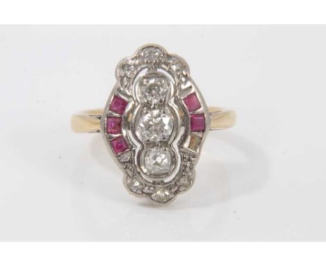 Art Deco diamond and ruby cocktail ring, the openwork plaque with three old cut diamonds, six single cut diamonds and calibre