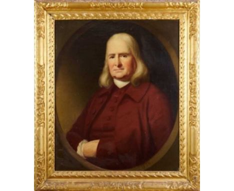 English School, early 18th century, oil on canvas laid on board - half length portrait of a Gentleman in red coat, painted wi