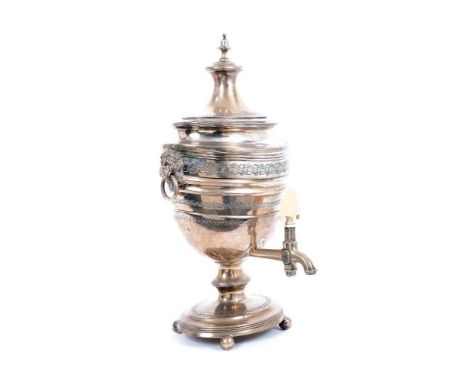 George III silver tea urn or samovar, with engraved foliate decoration, twin lion mask ring handles, an ivory mounted tap and