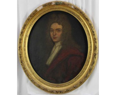 18th century, English School, oval oil on canvas laid on board - portrait of a bewigged Gentleman, 73cm x 60cm, in get frame