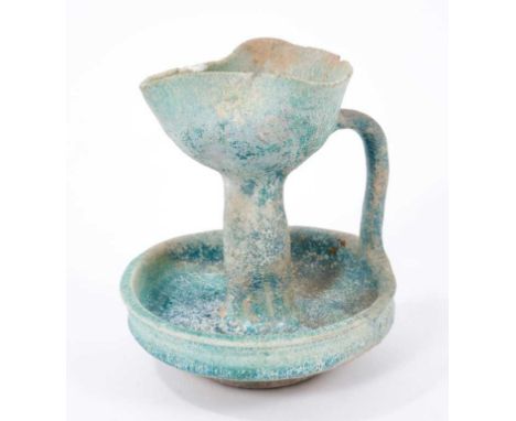 Turquoise glazed faience oil lamp, possibly Roman, 12cm highCondition report: There are small rim chips. Firing crack on the 