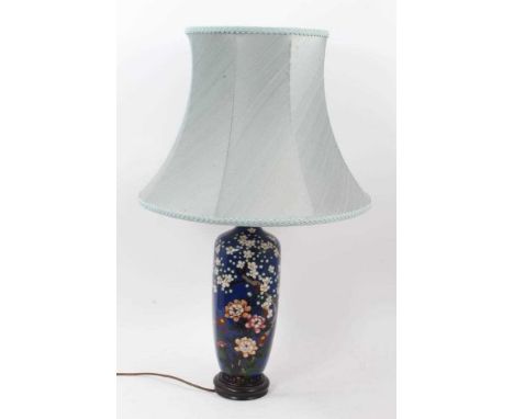 Japanese cloissoné enamel vase, converted to a table lamp, the vase of slender square baluster form decorated with prunus blo