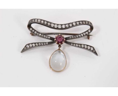 Diamond, moonstone and ruby ribbon brooch, the ribbon scrolls with old cut diamonds in silver setting, central mixed cut ruby