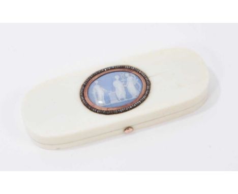 Fine large Georgian ivory tooth pick case with classical jasperware plaque to lid with yellow metal and cut steel bezel 9.1cm