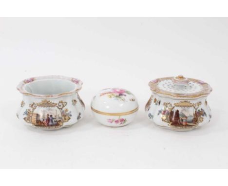 A Meissen outside decorated large sander and matching inkwell (no cover), painted with landscape scenes, and a Meissen round 