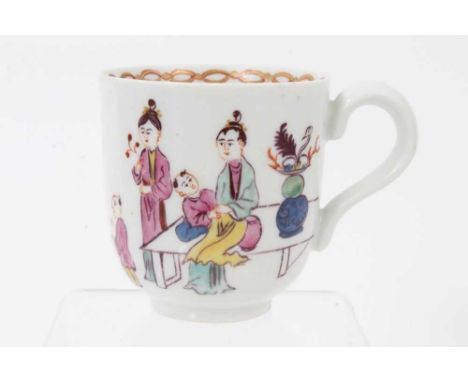 A Derby coffee cup, circa 1760, polychrome painted in the Chinese style with figural scenes, pattern to the inside rim, 5.75c