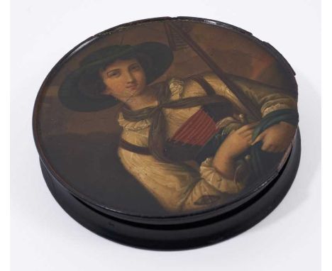 19th century Stobwasser circular papier mâché box painted with portrait of a lady gardener holding a rake and two birds, enti