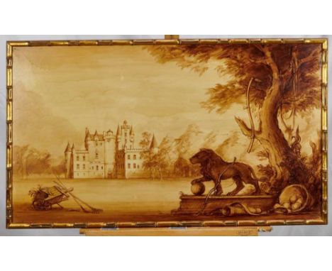 William Fielding, 20th century, pair of sepia grisaille on board - a view of Glamis Castle, the pencil, ink and wash prelimin