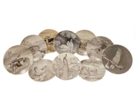 Set of ten ceramic plates with hand painted animal scenes, signed 'F. Paton', probably for Frank Paton (1856-1909) and dated 