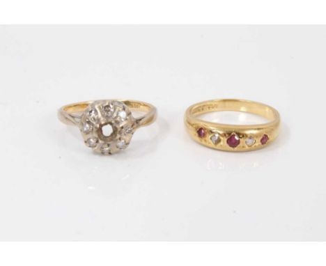 18ct gold ruby and diamond five stone ring and an 18ct gold diamond cluster ring (one stone missing).Condition report: Total 