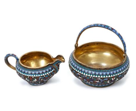 Imperial Russian silver swing handled sugar bowl and matching milk jug, with white, blue, green and red cloisonné enamel deco