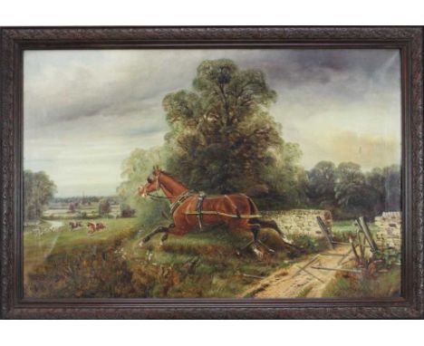 Edward Priestley 19th century oil on canvas- A runaway cart horse chasing the hunt, signed, in oak frame. 49 x 75cm.Condition