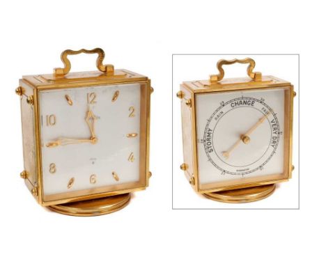 1960s Combination gilt brass cased clock/barometer by Angelus for Asprey in double sided revolving case on circular base 13cm