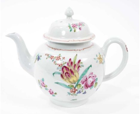 A Liverpool teapot and cover, circa 1775, probably Philip Christian's Factory, polychrome painted with floral sprays, 16.5cm 