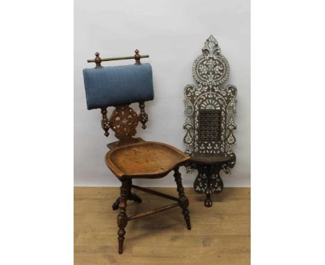 Late 19th / early 20th century walnut arts and crafts side chair in the Moorish Liberty's style, together with a similar styl