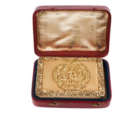 Fine Georgian silver gilt presentation table snuff box of rectangular form with romantic cartouche to lid decorated with hunt