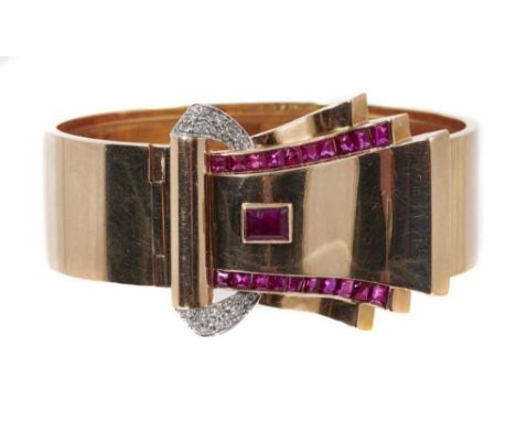 1940s Art Deco Odeonesque rose gold diamond and synthetic ruby combination clip/bangle, the detachable dress clip with undula