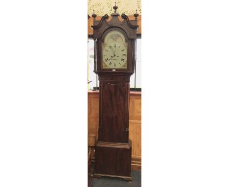 19th century 8 day longcase clock with painted arched lunar dial with strawberry spandrels in mahogany case, pendulum and wei