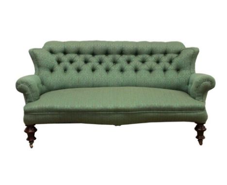 Victorian green button upholstered sofa, of small size, upholstered in Gainsborough Silk Weaving Company fabric, the serpenti