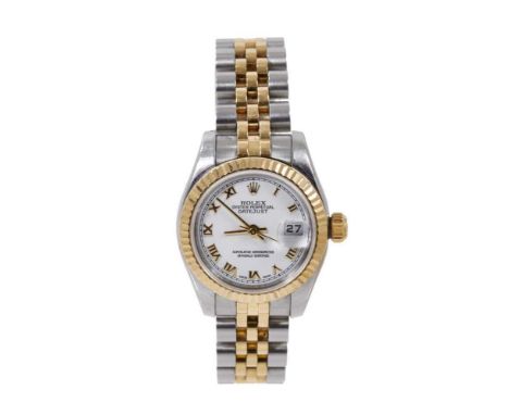 Ladies Rolex Oyster Perpetual DateJust gold and stainless steel wristwatch, the circular white enamel dial with applied gold 