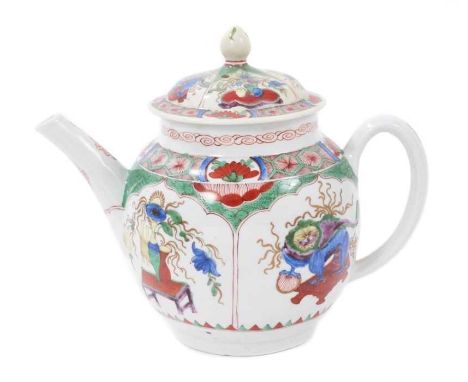 A Plymouth teapot and cover, circa 1768, polychrome painted with the Dragon in Compartments pattern, painter's mark to base, 