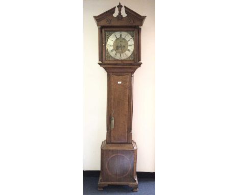 18th century oak longcase clock with brass and silvered square dial signed Thomas Evans, Bontuchel, pendulum and two weights 