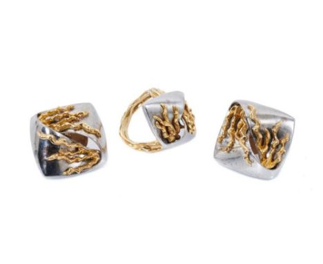 Pair of Kutchinsky 18ct white and yellow gold earrings and matching ring, with stylised yellow gold organic forms and polishe