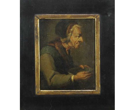 Attributed to Adriaen Van Ostade (1610 - 1685) oil on panel- beggar proffering his begging bowl, in black and gilt frame. 13 