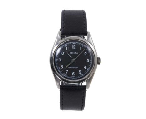 Vintage Gentleman's Zenith stainless steel Chronometer wristwatch with circular black dial with central seconds on black leat