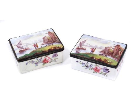 Pair of 19th century enamel snuff boxes, each of rectangular cushion form, decorated with 18th century marine scene and flora
