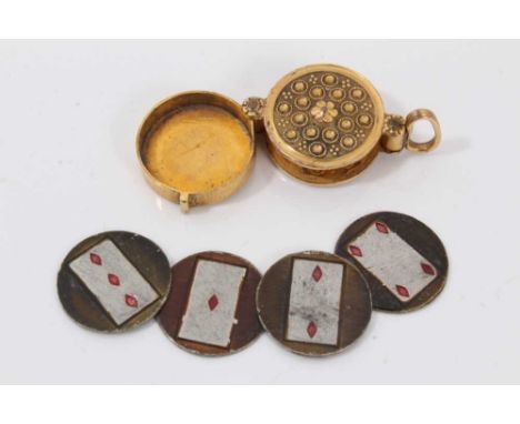 Georgian gilt metal novelty fob containing four miniature playing card discs, case approximately 17.5mm diameter x 29mm.Condi