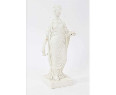 Scarce 18th century Derby biscuit porcelain figure of Lady Justice, on square base with incised marks to base and numbered 16