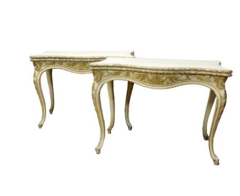 Good pair of 19th century cream painted and gilt heightened serpentine card tables, each with fold over top enclosing green b