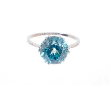 Art Deco blue zircon single stone ring with round mixed cut blue zircon measuring approximately 10mm-10.25mm diameter in plat