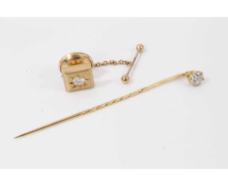 Diamond stick pin with a brilliant cut diamond estimated to weigh approximately 0.40cts in gold claw setting, together with a