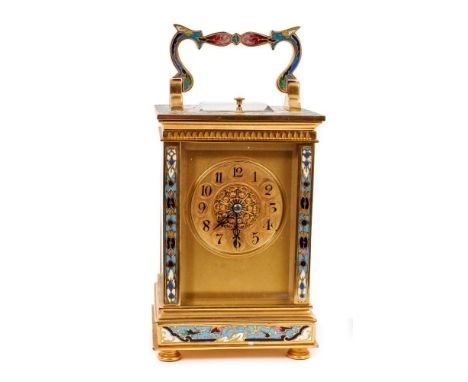 Late 19th century French champlevé enamel repeating carriage clock with gilt dial, the gilt brass case profusely decorated wi