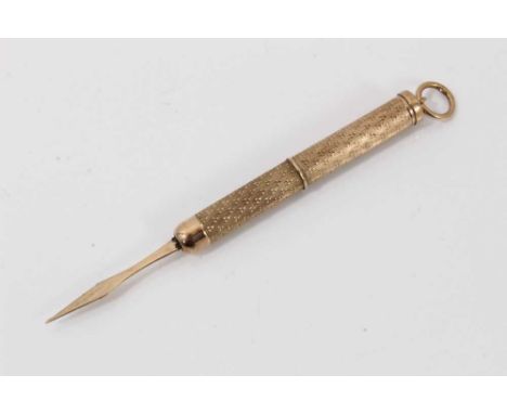 9ct gold toothpick with engine turned decoration. Birmingham 1959.Condition report: Good condition commensurate with age, mec