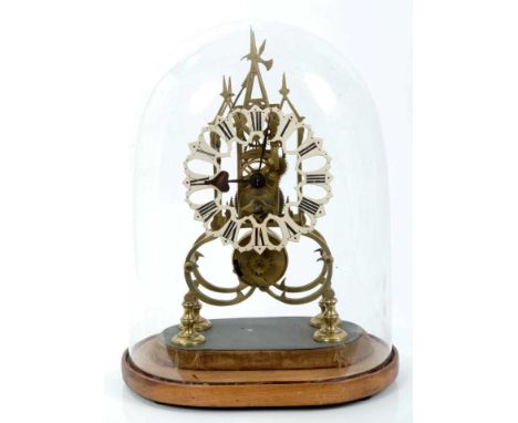 Victorian skeleton clock with single fusee movement, anchor escapement, striking on a bell (bell now lacking), pierced white 