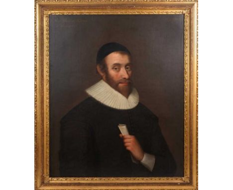 17th century English School, oil on canvas, Portrait of Sir Thomas Craig of Riccarton 1538-1608, holding a scroll, titled, 60