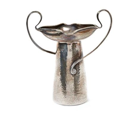 Edwardian silver Art Nouveau style vase of tapering form with spot hammered finish, folded top and twin scroll handles (Birmi