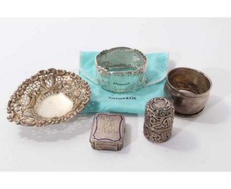 Selection of miscellaneous silver including, a Tiffany &amp; Co. napkin ring, American silver box, silver and enamel pill box